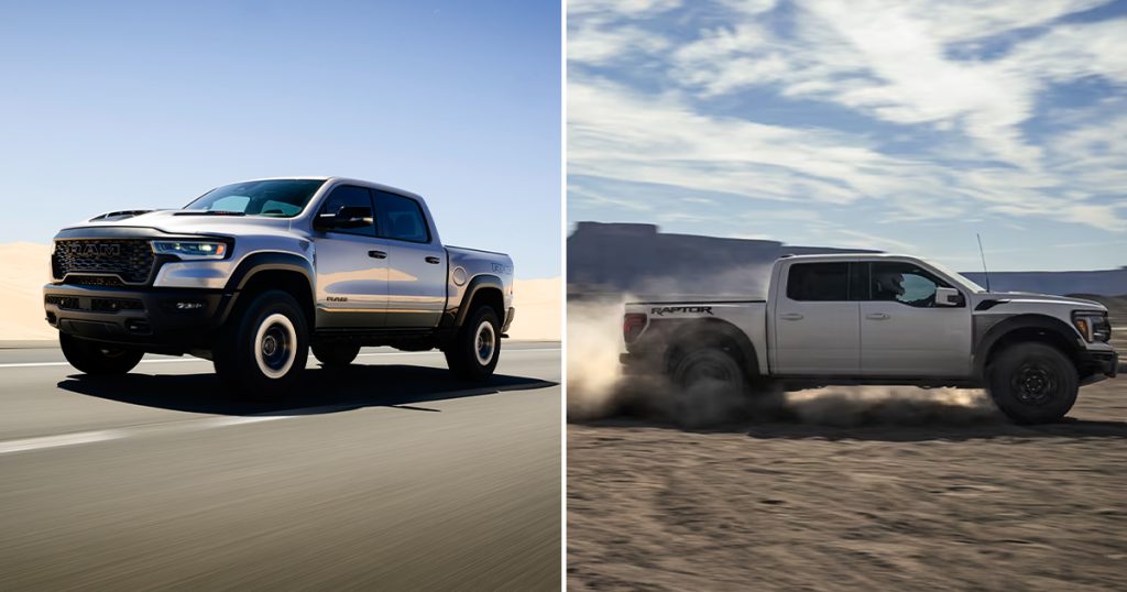 Two photos comparing the Ram 1500 and Ford F-150.